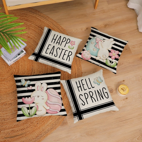 Ostern Hase Eier Streifen Leinen Kissenbezug Quadrat Dekokissenbezug Für Sofa Couch Home Decor