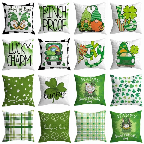 St. Patrick's Day Polyester Kopfkissenbezug Grün Kleeblatt Gnom Buffalo Karomuster Dekokissenbezug Für Sofa Heimdeko