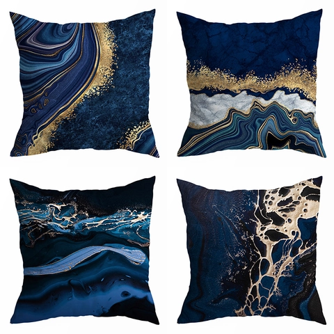 Blue Abstract Marble Print Cushion Cover Peach Skin Polyester Decorative Throw Pillowcase For Sofa Living Room Home Decor