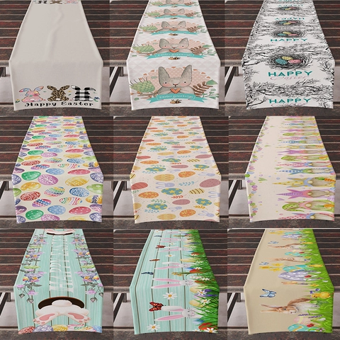 Easter Table Runner Linen Look Polyester Tablecloth With Bunny Eggs Gnomes Print For Kitchen Dining Room Party Home Decor