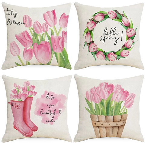 Rosa Tulpe Aquarell Druck Leinen Kissenbezug Floral Gummistiefel Blumenkorb Kranz Quadrat Sofa Kissenbezug