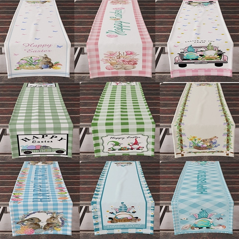 Runner da Tavolo in Lino Buona Pasqua Coniglio Gnomo Uova Stampato Plaid Tovaglia Resistente al Calore per Sala da Pranzo Casa Festa Cucina