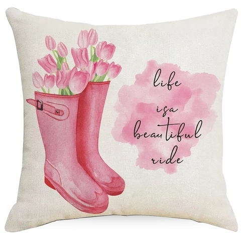 Rosa Tulpe Aquarell Druck Leinen Kissenbezug Floral Gummistiefel Blumenkorb Kranz Quadrat Sofa Kissenbezug