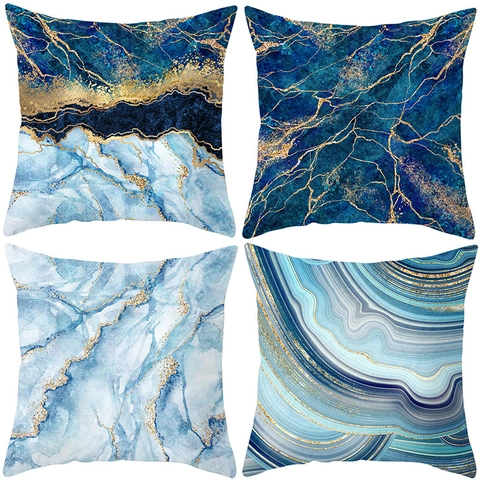 Funda de Cojín Cuadrada Decorativa de Mármol Azul Abstracto Moderno Con Pan de Oro de Piel de Melocotón Para Sofá Cama