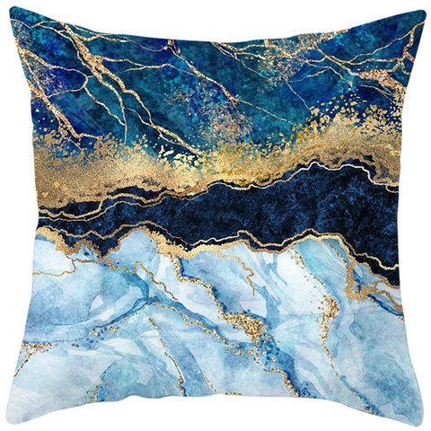 Funda de Cojín Cuadrada Decorativa de Mármol Azul Abstracto Moderno Con Pan de Oro de Piel de Melocotón Para Sofá Cama