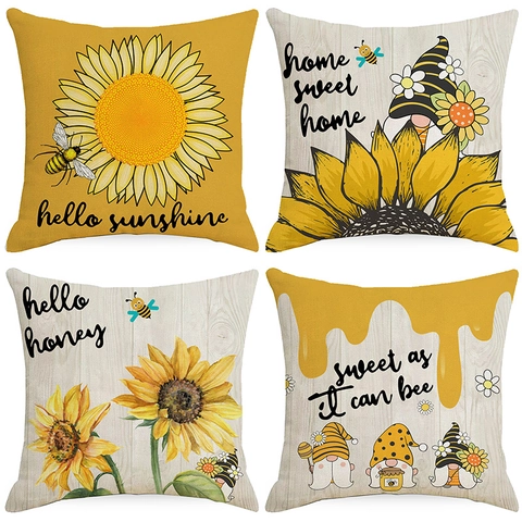 Sunflower Bee Gnome Linen Decorative Pillowcase Rustic Wood Grain Cushion Cover For Sofa Living Room Farmhouse Home Decor