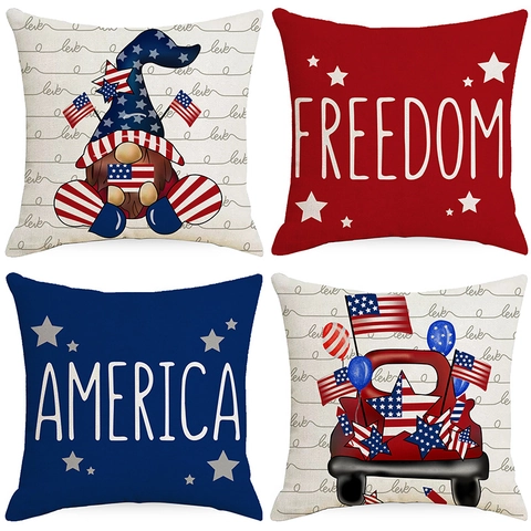USA Unabhängigkeitstag Leinen Kissenbezug Amerikanische Flagge Wichtel LKW Amerika Freiheit Patriotisch Dekorativ Quadratisch Kissenhülle