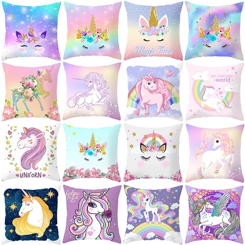 Taie d'Oreiller Motif Licorne Dessin Animé Nordique Arc-en-ciel Rêveur Étoile Peau de Pêche Polyester Housse de Coussin Canapé