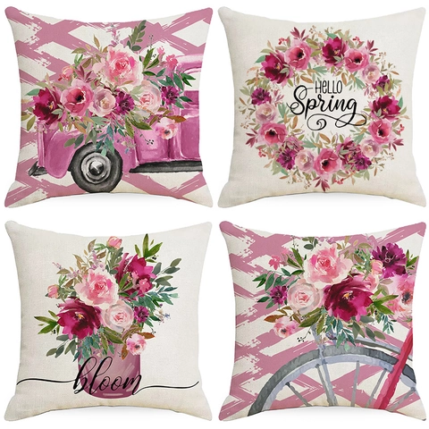 Pink Spring Floral Linen Cushion Cover Vintage Truck Bicycle Flower Wreath Decorative Throw Pillowcase For Home Sofa Living Room