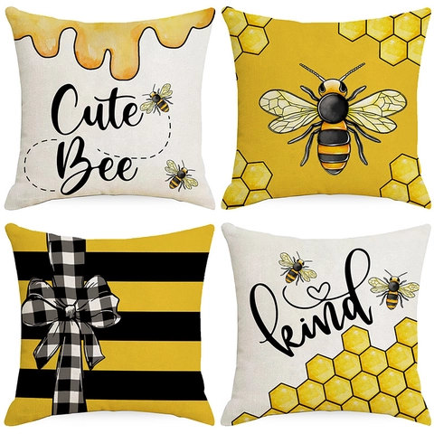 Bienen Festival Leinen Kissenbezug Nordisch Frühling Sommer Home Sofa Dekor Quadratisch Gelb Biene Muster Kissenhülle