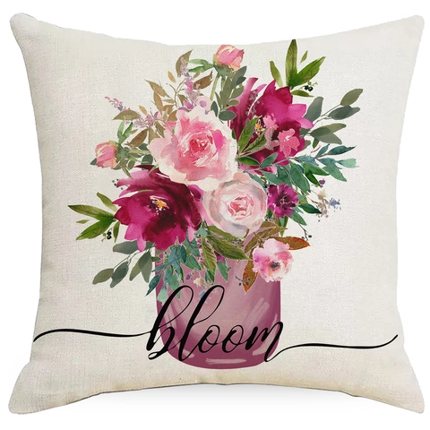 Pink Spring Floral Linen Cushion Cover Vintage Truck Bicycle Flower Wreath Decorative Throw Pillowcase For Home Sofa Living Room