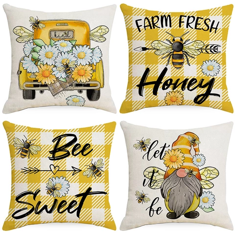 Federe Decorative per Cuscini Ape Girasole Primavera Poliestere Effetto Lino Buffalo Check Bee Sweet Motivo Gingham Stile Nordico Federe Quadrate per Divano Casa