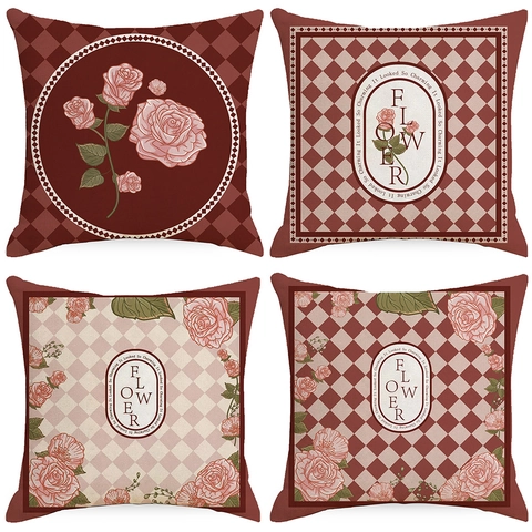Vintage Europese Stijl Ruitraster Roos Bloem Print Linnen Kussenhoes Vierkante Sierkussenhoes Voor Thuis Sofa Decor
