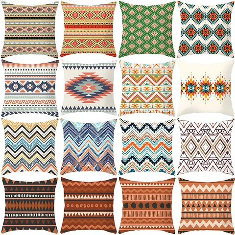 Funda de Cojín de Piel de Melocotón Estilo Bohemio Étnico Patrón Geométrico Tribal Cuadrado Para Sofá Decoración