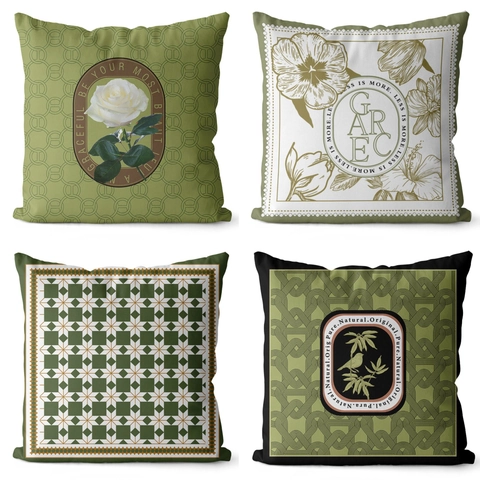 Funda de Cojín de Felpa Corta Verde Vintage Estampado Botánico Pájaro Patrón Geométrico Decorativo Para Sofá Sala de Estar