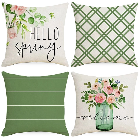 Fodera per Cuscino in Poliestere con Stampa Geometrica Floreale Verde Primaverile Federa Moderna Minimalista per Divano Soggiorno