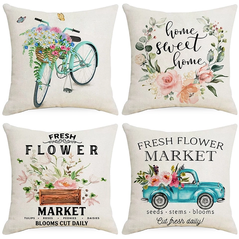Vintage Floral Print Polyester Pillowcase Rural Style Bicycle Truck Cushion Cover Home Decor Living Room Throw Pillow Case