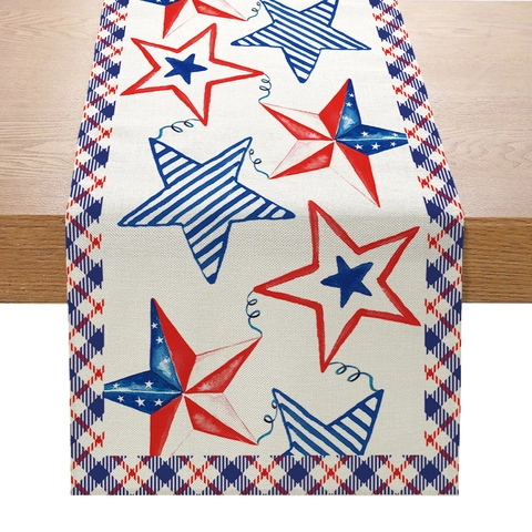 American Independence Day Table Runner Linen Polyester Fourth Of July Patriotic Stars Stripes Table Decor For Party Home