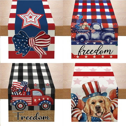 American Independence Day Table Runner Linen Polyester Fourth Of July Patriotic Stars Stripes Table Decor For Party Home