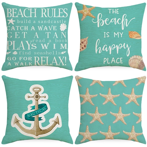 Funda de Almohada Decorativa Costera del Océano de Verano Estrella de Mar Ancla Náutica Estampado de Letras Funda de Cojín Cuadrada para Sofá Hogar Sala de Estar