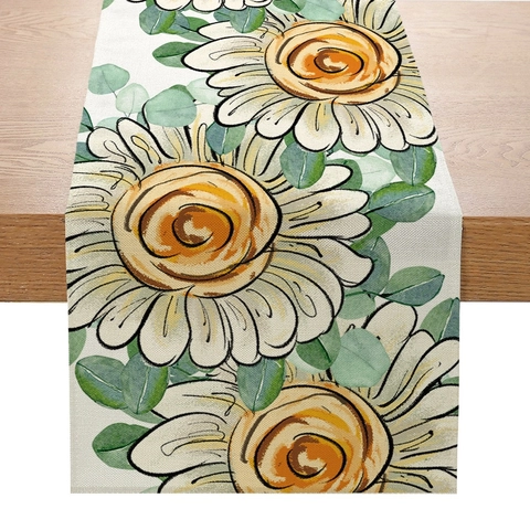 Summer Lemon Sunflower Table Runner Linen Nordic Farmhouse Decor For Kitchen Dining Room Coffee Table Buffet Tabletop Ornament