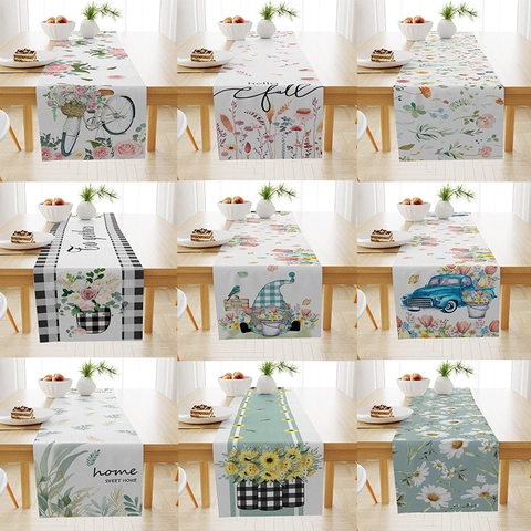 Nordic Linen Floral Table Runner Sunflower Daisy Print Tablecloth For Kitchen Dining Table Home Decor Long Placemat