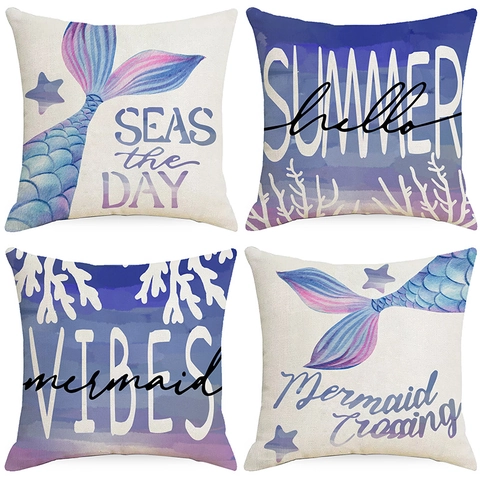 Mermaid Tail Watercolor Ocean Pillowcase Polyester Decorative Throw Cushion Cover Starfish Coral Pattern For Sofa Home Decor