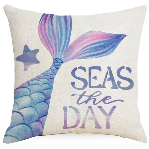 Mermaid Tail Watercolor Ocean Pillowcase Polyester Decorative Throw Cushion Cover Starfish Coral Pattern For Sofa Home Decor