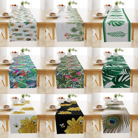 Runner da Tavolo in Lino Scandinavo Estate Girasole Cactus Motivo Foglie Tropicali Resistente al Calore Antiscivolo