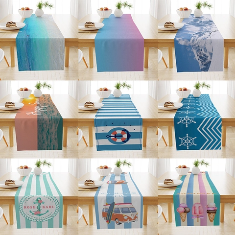 Summer Ocean Beach Series Table Runner Scandi Style Linen Polyester Decorative Tablecloth For Dining Room Restaurant Decor