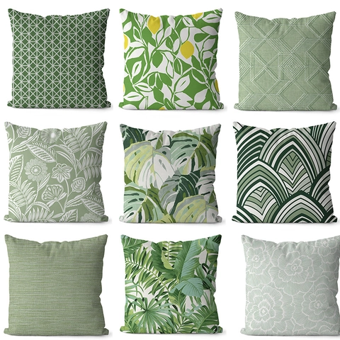 Funda de Cojín de Poliéster con Planta Verde Tropical Estampado de Hojas Geométricas Funda de Almohada Decorativa para Sofá