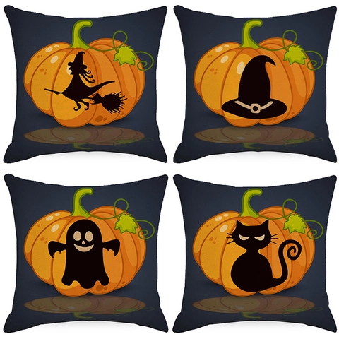 Halloween Kürbis Kissenbezug Dunkelblau Polyester Deko Kissenhülle Hexe Geist Schwarze Katze Tischläufer Gartenflagge Haus Dekoration