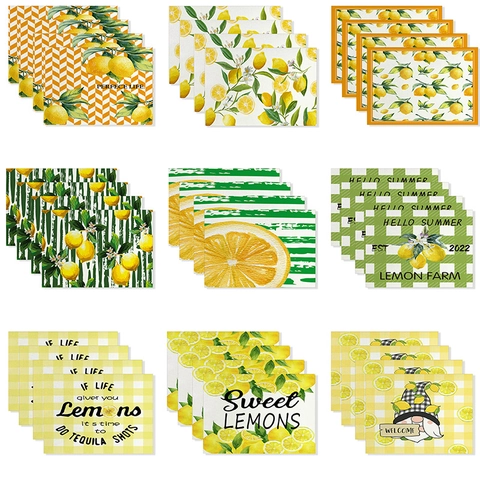 Summer Lemon Pattern Rectangular Placemats Heat Resistant Polyester Table Mats For Dining Room Kitchen Decor Daily Home Use