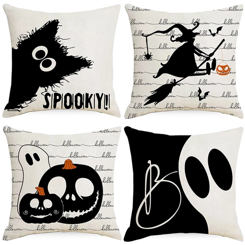 Halloween Dekorativer Kissenbezug Polyester Hexe Schwarze Katze Geist Kürbis Muster Schwarz Weiß Orange Kissenhülle