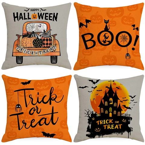 Funda de Almohada de Poliéster de Halloween Estilo Nórdico con Estampado de Calabaza y Murciélago Decorativa