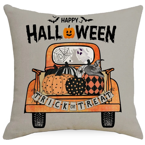 Funda de Almohada de Poliéster de Halloween Estilo Nórdico con Estampado de Calabaza y Murciélago Decorativa