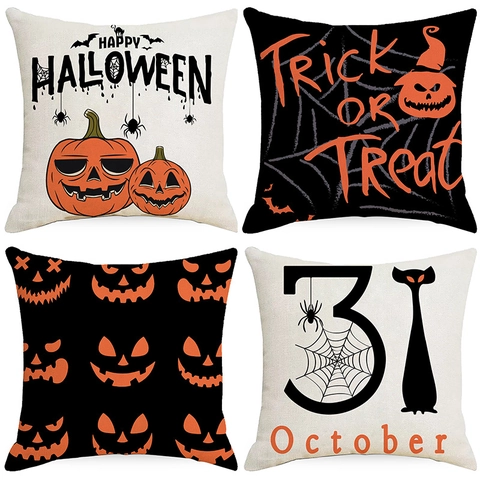 Halloween Kürbis Bedruckt Polyester Kissenbezug Nordisch Retro Dekokissen Bezug Für Sofa Zuhause Wohnzimmer Dekorative Kissenhülle