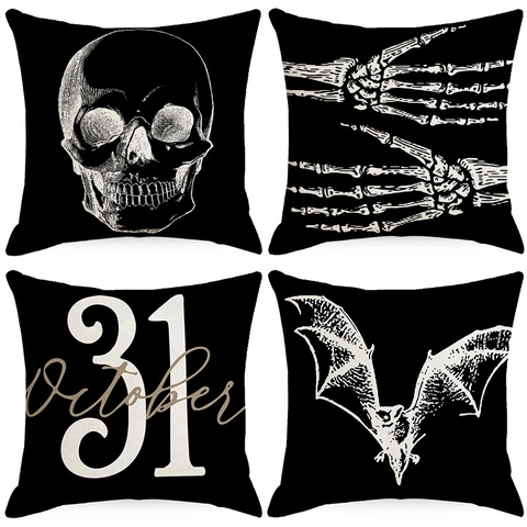 Halloween Totenkopf Fledermaus Leinen Kissenbezug Gothic Schwarz Deko Kissenhülle Für Zuhause Sofa Party Deko Geschenke