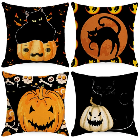 Halloween Kissenhülle Kürbis Schwarze Katze Polyester Dekorative Kissenbezug Für Sofa Heimdekoration Party Nur Bezug
