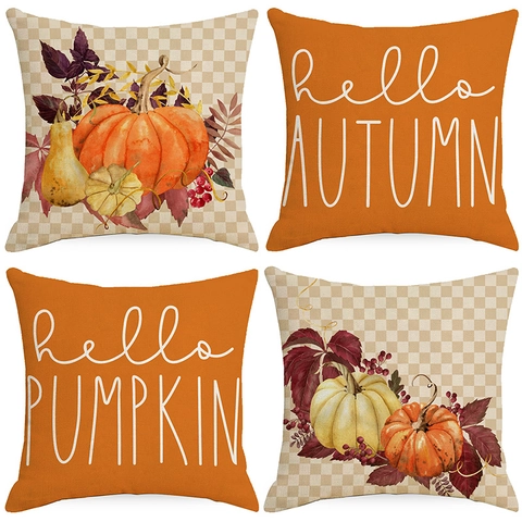 Thanksgiving Pumpkin Linen Pillow Case Autumn Harvest Maple Leaf Plaid Decorative Throw Pillow Cover For Sofa Living Room