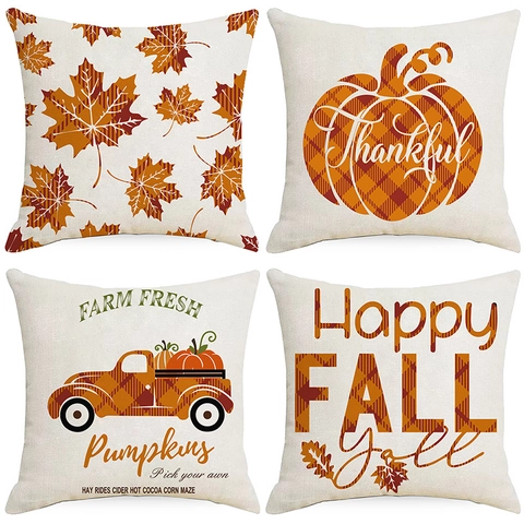 Autumn Maple Leaf Pumpkin Linen Throw Pillow Case Vintage Farmhouse Decorative Square Cushion Cover For Thanksgiving Home Decor