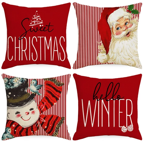 Fundas de Almohada Decorativas de Navidad Lino Rojo Blanco Funda de Cojín Cuadrada Con Papá Noel Muñeco de Nieve Árbol de Navidad para Sofá