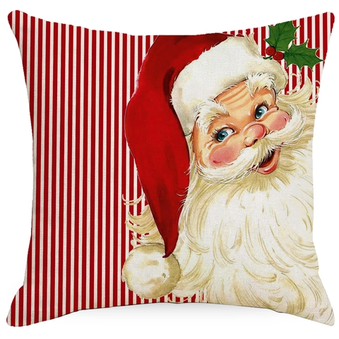 Fundas de Almohada Decorativas de Navidad Lino Rojo Blanco Funda de Cojín Cuadrada Con Papá Noel Muñeco de Nieve Árbol de Navidad para Sofá