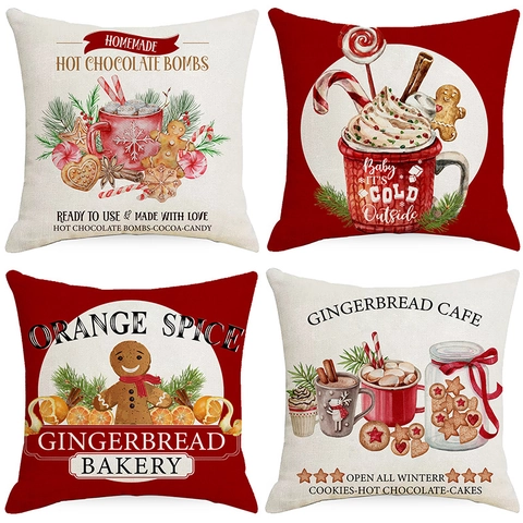 Weihnachten Leinen Kissenbezug Vintage Lebkuchenmann Heiße Schokolade Illustration Dekorative Kissenhülle Für Sofa Feiertag Zuhause
