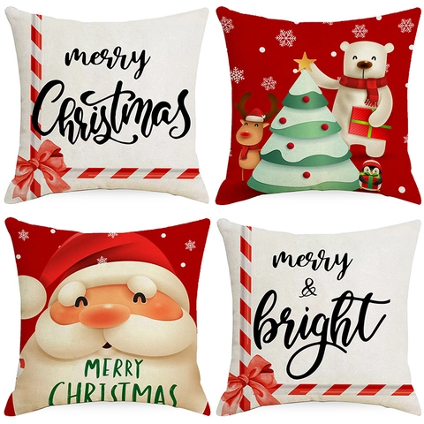 Christmas Pillowcase Linen Polyester Decorative Cushion Cover Santa Claus Polar Bear Snowflake Pattern Xmas Home Decor
