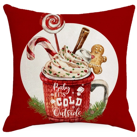 Weihnachten Leinen Kissenbezug Vintage Lebkuchenmann Heiße Schokolade Illustration Dekorative Kissenhülle Für Sofa Feiertag Zuhause