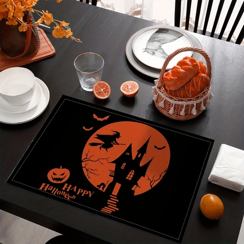 Tovaglietta di Halloween in Poliestere Lino Impermeabile Resistente al Calore Zucca Strega Castello Modello Decorazione Pranzo Festa