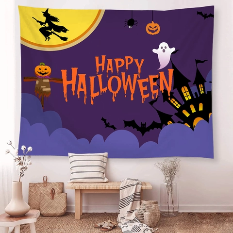 Halloween Tapisserie Murale Polyester Impression Numérique Citrouille Sorcière Fantôme Château Décoration de Fête pour Salon Chambre