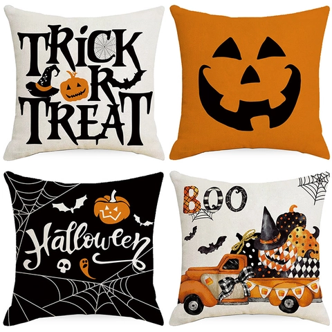 Halloween Linen Pillowcase Square Throw Cushion Cover Jack-O-Lantern Bat Spider Web Ghost Print For Sofa Home Party Decor
