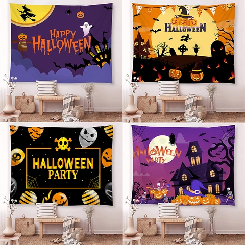 Halloween Tapisserie Murale Polyester Impression Numérique Citrouille Sorcière Fantôme Château Décoration de Fête pour Salon Chambre